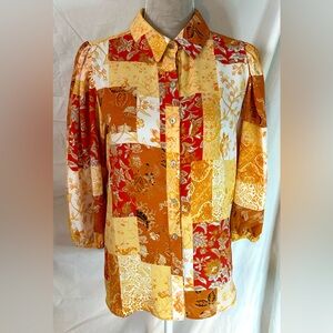 Nanette Lepore Retro Red, Yellow Multicolored Patchwork Blouse, Size M
